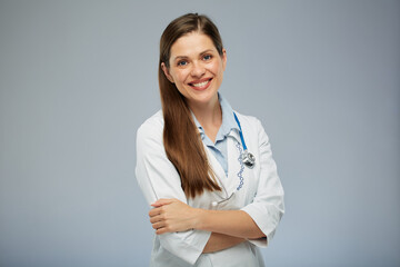 Smiling doctor woman in medical uniform. Isolated portrait of female medical worker.