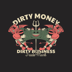 Cartoon emblem of demons fighting for money with retro style
