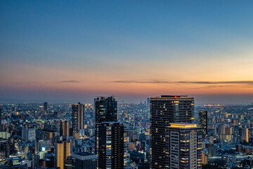 Fototapeta na wymiar マジックアワーに輝くライトアップされた大阪の街並み【大阪風景】