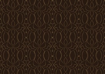 Hand-drawn unique abstract symmetrical seamless gold ornament on a dark brown background. Paper texture. Digital artwork, A4. (pattern: p08-1c)