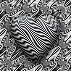 Trippy heart shape on wavy patterned surface. Vector black white optical art illustration.