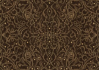 Hand-drawn unique abstract symmetrical seamless gold ornament with golden glittery splatter on a dark brown background. Paper texture. Digital artwork, A4. (pattern: p07-2a)