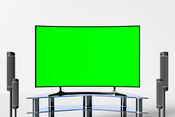 TV flat screen lcd or oled, plasma, realistic illustration, green screen monitor hanging on the wall