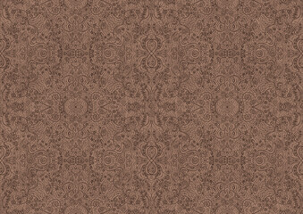 Fototapeta premium Hand-drawn unique abstract symmetrical seamless ornament. Brown on a light brown background. Paper texture. Digital artwork, A4. (pattern: p06b)