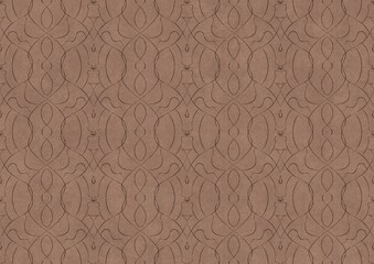 Hand-drawn unique abstract symmetrical seamless ornament. Brown on a light brown background. Paper texture. Digital artwork, A4. (pattern: p08-1c)