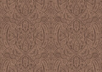 Hand-drawn unique abstract symmetrical seamless ornament. Brown on a light brown background. Paper texture. Digital artwork, A4. (pattern: p08-2b)