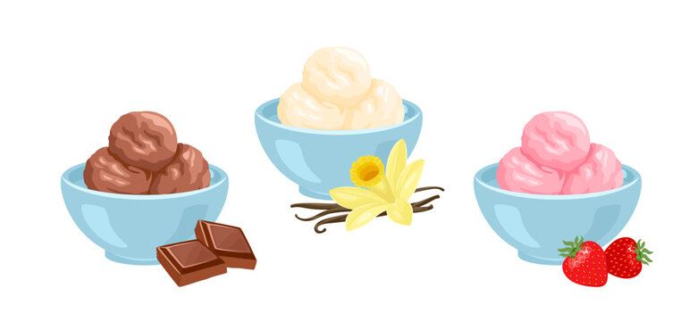 Ice cream scoops in bowl. Vector cartoon illustration of strawberry, vanilla and chocolate ice cream.