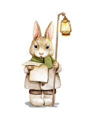 Watercolor vintage boy rabbit in clothes looks at notes, holds lantern and sings Christmas songs isolated on white background. Hand drawn illustration sketch