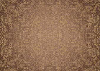 Hand-drawn unique abstract gold ornament on a light brown background, with vignette of darker background color and splatters of golden glitter. Paper texture. Digital artwork, A4. (pattern: p06a)