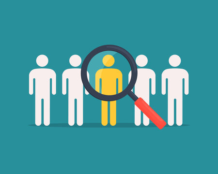 search job magnifying glass looking for employees icon. human resource management. staff selection symbol. recruitment and applicants concept. vector illustration in flat style