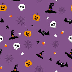Halloween seamless pattern skull bat pumpkin vector image