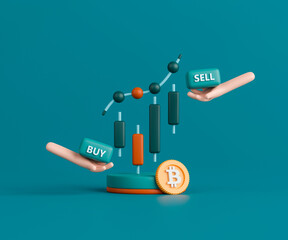 3d render concept cryptocurrency trading illustration. Candlestick chart with bitcoin on dark green background.