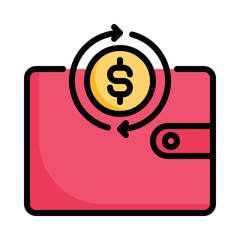 Cash back icon. Filled outline design. Money refund. Money cash back. Wallet and dollar coin. For presentation, graphic design, mobile application.