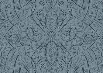 Hand-drawn unique abstract symmetrical seamless ornament. Dark blue on a light blue background. Paper texture. Digital artwork, A4. (pattern: p08-2a)