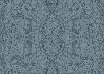 Hand-drawn unique abstract symmetrical seamless ornament. Dark blue on a light blue background. Paper texture. Digital artwork, A4. (pattern: p09a)