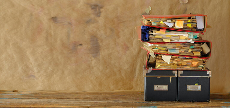 Stack Of Messy File Folders,red Tape, Bureaucracy,aministration,business, Home Office Concept.