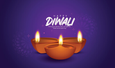 Fototapeta na wymiar Happy Diwali Design With Diya Oil Lamp Elements, Rangoli Background, Bokeh Sparkling Effect