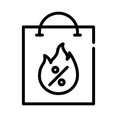 Hot deal icon. Outline design. Fire is flaming with hot deal on shopping bag. End of season sale promotion. For presentation, graphic design, mobile application.