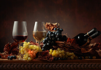 Fototapeta na wymiar White and red wine with grapes.