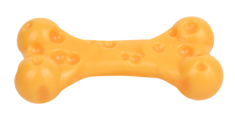 Yellow dog bone pet toy made of plastic nylon shaped as cheese. Toys for dogs concept