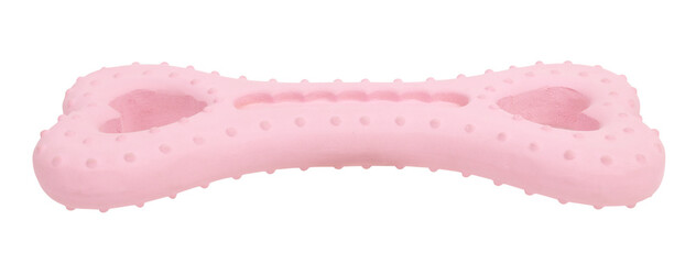Pink dog bone with hearts spiny pet toy made of rubber. Toys for dogs concept