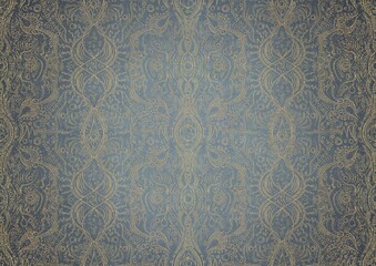 Hand-drawn unique abstract gold ornament on a light blue background, with vignette of darker background color and golden glittery sparks. Paper texture. Digital artwork, A4. (pattern: p09b)