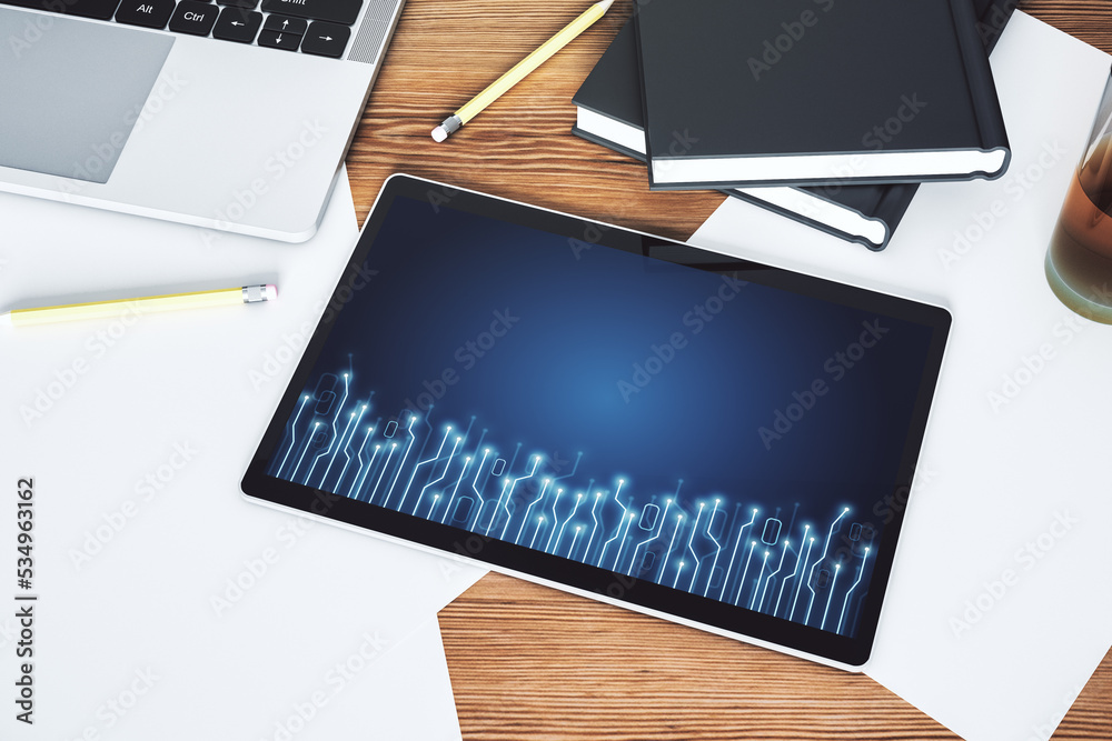 Poster Creative abstract micro chip hologram on modern digital tablet display, artificial intelligence and machine learning concept. Top view. 3D Rendering