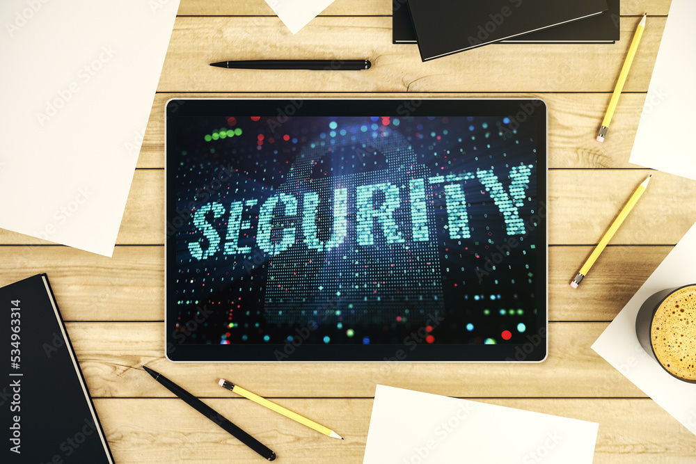 Poster Cyber security creative concept on modern digital tablet monitor. Top view. 3D Rendering