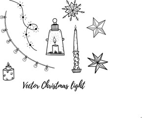 Vector Christmas doodle collection of decor with candles, lights garlands, stars and snowflakes. Great for print, textile, promotions, backgrounds