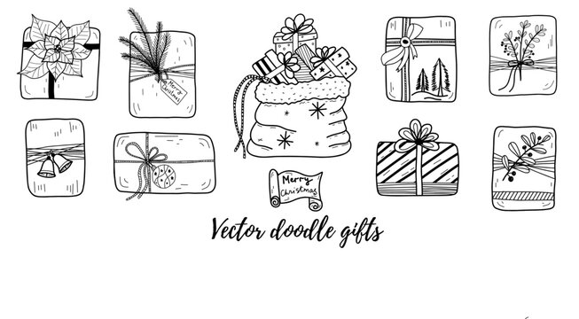 Vector Christmas doodle collection of decor with presents, gifts. Great for print, textile, promotions, backgrounds