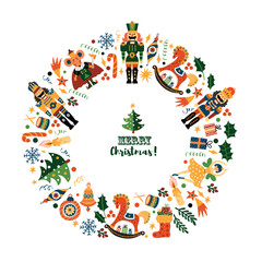 Christmas wreath with cute motifs from the ballet  Nutcracker.  Vector template. Retro design.