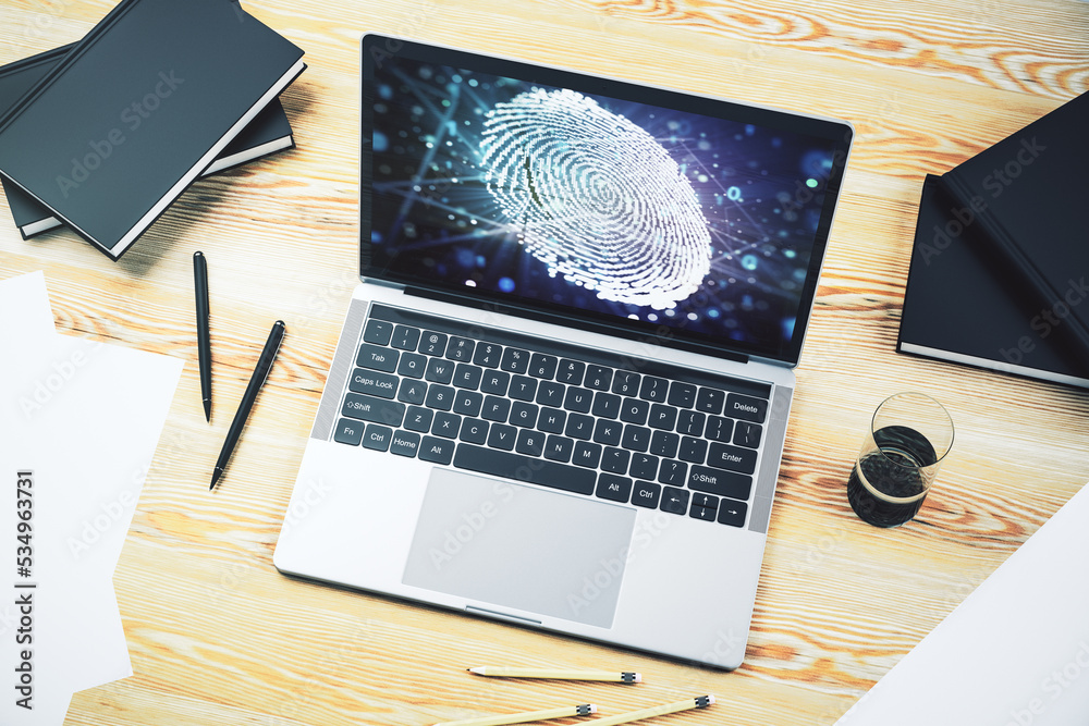 Poster Abstract creative fingerprint illustration on modern laptop monitor, digital access concept. 3D Rendering