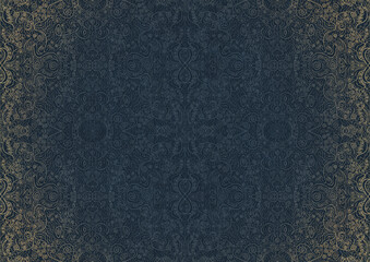 Hand-drawn unique abstract ornament. Light blue on a deep blue background, with vignette of same pattern in golden glitter. Paper texture. Digital artwork, A4. (pattern: p06b)