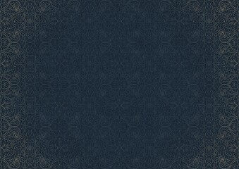 Hand-drawn unique abstract ornament. Light blue on a deep blue background, with vignette of same pattern in golden glitter. Paper texture. Digital artwork, A4. (pattern: p07-1c)