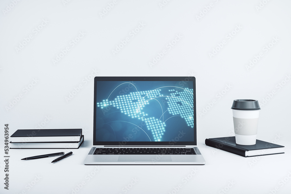 Poster Abstract creative world map with connections on modern laptop screen, international trading concept. 3D Rendering
