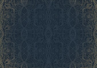 Hand-drawn unique abstract ornament. Light blue on a deep blue background, with vignette of same pattern in golden glitter. Paper texture. Digital artwork, A4. (pattern: p09b)