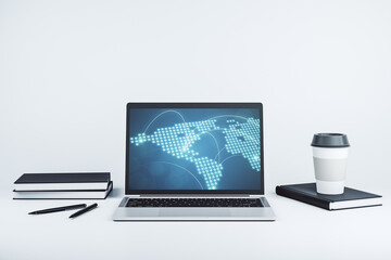 Abstract creative world map with connections on modern laptop screen, international trading concept. 3D Rendering