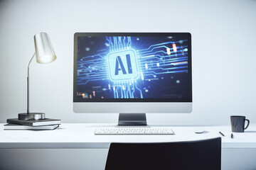 Fototapeta premium Modern computer monitor with creative artificial Intelligence icon. Neural networks and machine learning concept. 3D Rendering