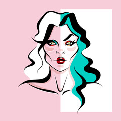 Abstract asymmetric portrait of a young woman with white and blue hair and bright colored makeup.