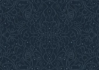 Hand-drawn unique abstract symmetrical seamless ornament. Light blue on a deep blue background. Paper texture. Digital artwork, A4. (pattern: p07-2a)