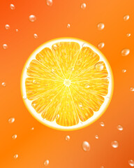 Orange slice with drops of juice. Orange juice drips. An element for your packaging design. Vector illustration. Realistic 3d vector illustration. Close-up.