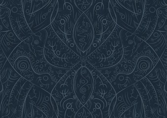 Hand-drawn unique abstract symmetrical seamless ornament. Light blue on a deep blue background. Paper texture. Digital artwork, A4. (pattern: p08-2a)