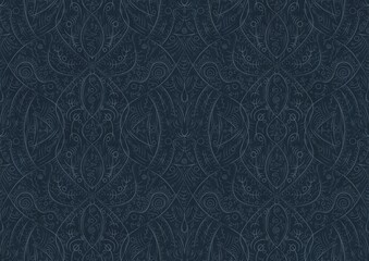 Hand-drawn unique abstract symmetrical seamless ornament. Light blue on a deep blue background. Paper texture. Digital artwork, A4. (pattern: p08-2b)