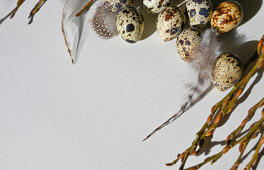 Heap of quail eggs decorated with feather. Organic food. Rustic style. Top view.