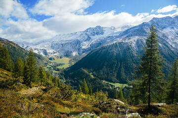 Panorama of the Mont Blanc Massif, in the background the Glacier du Tour.