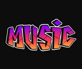 Music word trippy psychedelic graffiti style letters.Vector hand drawn doodle cartoon logo illustration.Funny cool trippy letters, fashion, graffiti style print for t-shirt, poster concept