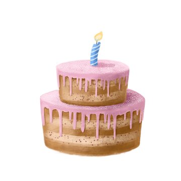 watercolor birthday cake with candle, holiday illustration
