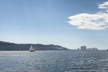 View from a tour ferryboat over the city of Lisbon
