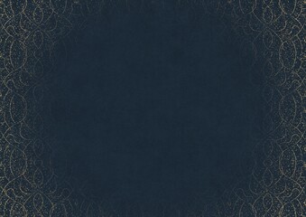 Deep blue textured paper with vignette of golden hand-drawn pattern with golden glittery splatter. Copy space. Digital artwork, A4. (pattern: p08-1c)