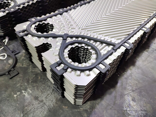 Heat exchanger plate pack before assembly of plate heat exchanger.